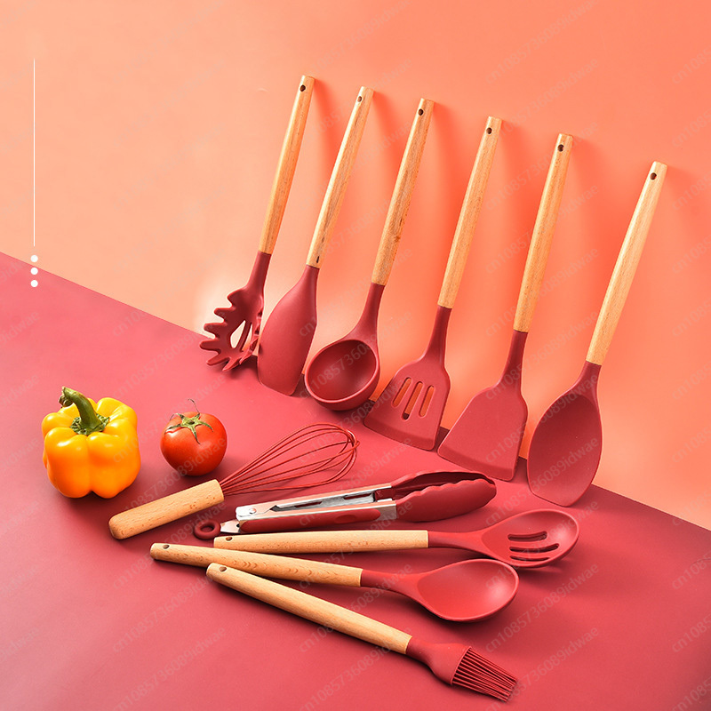 Kitchen Baking Pan Storage - 12点セット シリコン製調理器具 木製ハンドル付き ノンスティックフライパン スクレーパー ベーキング収納バケツ