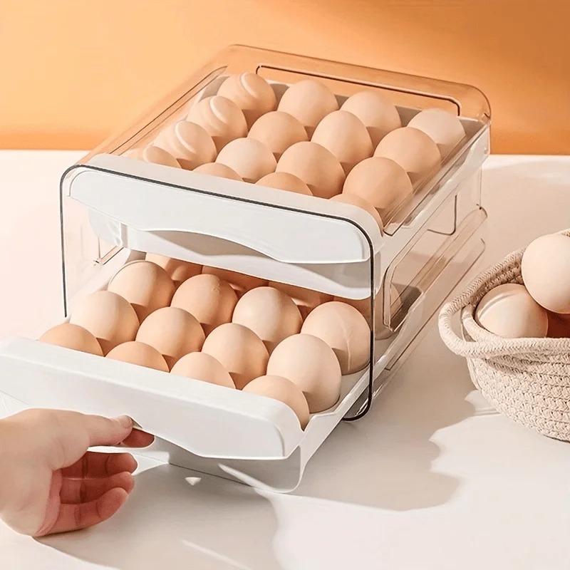 Kitchen Baking Tray Storage - 1個 キッチン用卵収納ボックス 冷蔵庫用 フレッシュプラスチック製 2層引き出し式 大容量収納