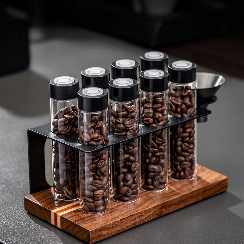 Kitchen Zo - JUSTINLAU ガラス製コーヒー豆保存容器 気密1方向バルブ付き 木製ディスプレイラック ファンネル付き 木製キッチンオーガナイザー