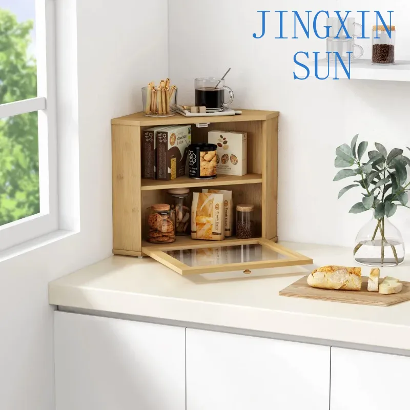 Kitchen Baking Corner - 2段式竹製コーナーブレッドボックス、キッチンカウンター用、パン収納ボックス、ファームハウス風パン収納容器、木製パンボックス、製パン用