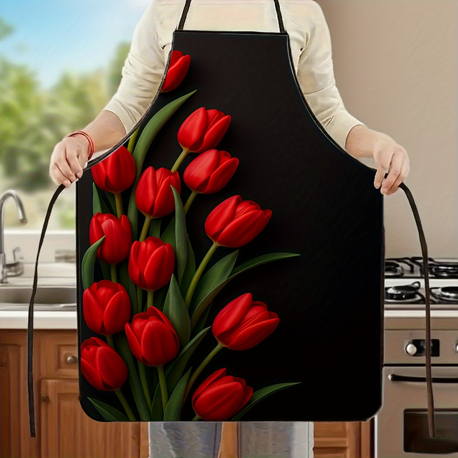 Kitchen Baking Background - 1pc 赤いチューリップの花のエプロン黒背景キッチン調理ベーキングギフト女性のためのエレガントな花柄シェフウェア春デザイン