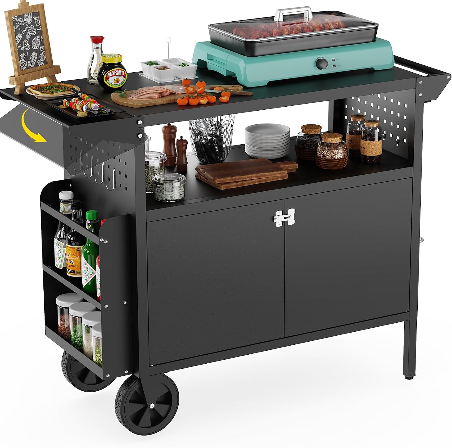 Kitchen Queen - 屋外グリルカートテーブル、収納付きキッチンアイランド、ホイール付き折りたたみ式テーブルトップ、バーベキュー用食品準備ステーション、頑丈な金属グリドルカウンタートップ、パティオやキャンプ用