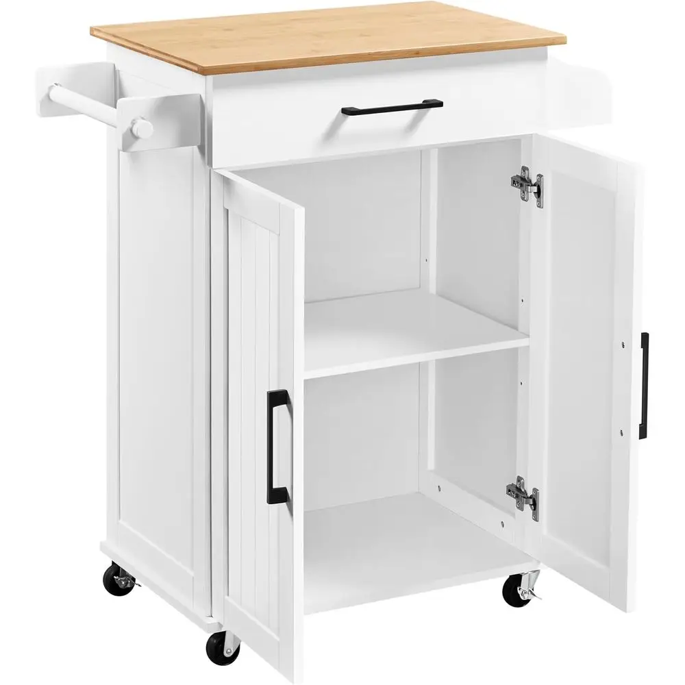 Kitchen Queen - 白いローリングキッチンカート、収納ラックとキャビネット付き、電子レンジとコーヒーステーション用の移動式アイランド