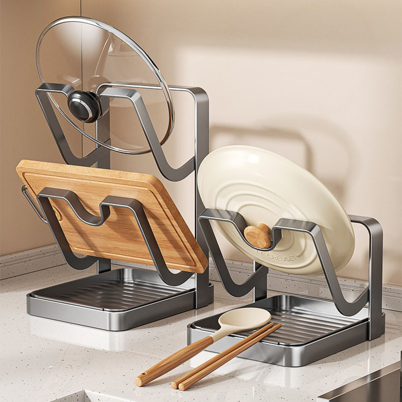 Kitchen Baking Pan Organizer - カウンタートップ用頑丈炭素鋼製鍋蓋ホルダー、多機能キッチンラック（まな板、スパチュラ、鍋蓋用）、水切りトレイ付き