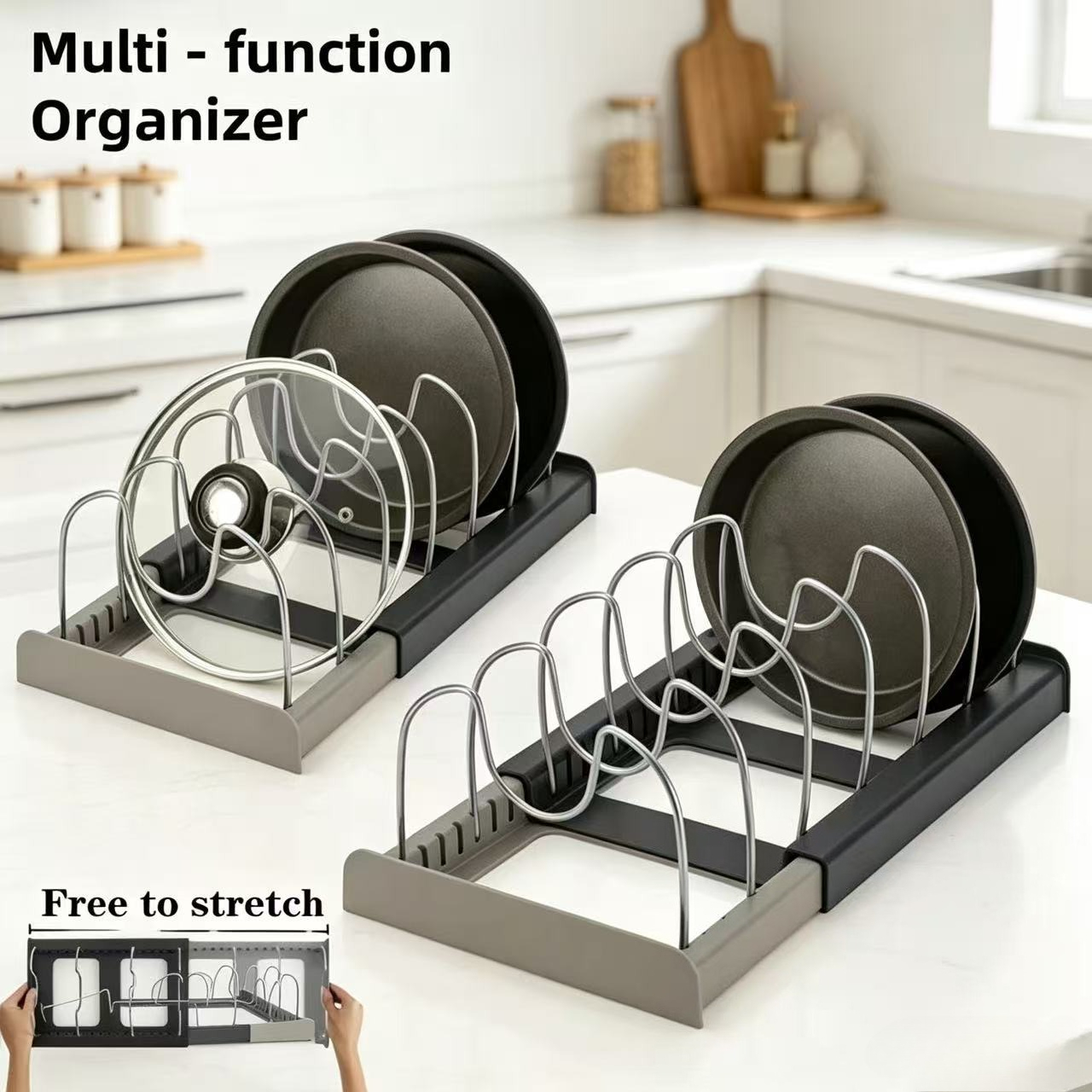 Kitchen Baking Pan Organizer - 7グリッド伸縮式鍋ラック、鍋オーガナイザー、省スペースキャビネットホルダー（鍋、フライパン、蓋用）-キッチンをすっきり整理整頓
