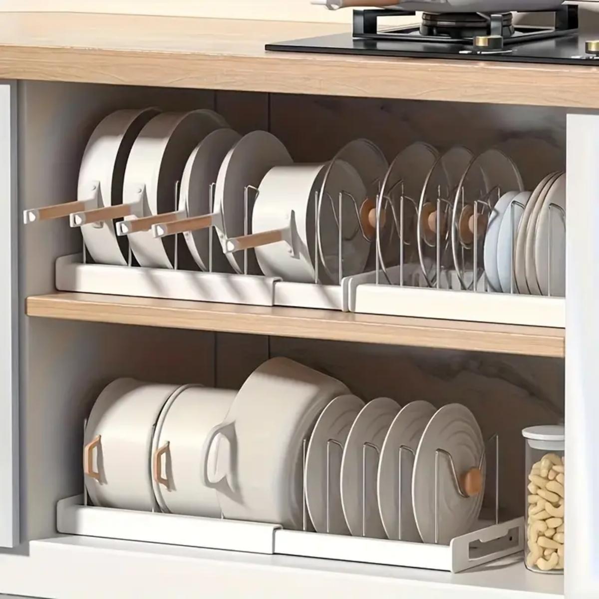 Kitchen Baking Pan Organizer - 拡張可能なキッチンポットパンオーガナイザー、キャビネット下用、7つの調整可能な仕切り付き、食品保存容器、蓋収納、1パック