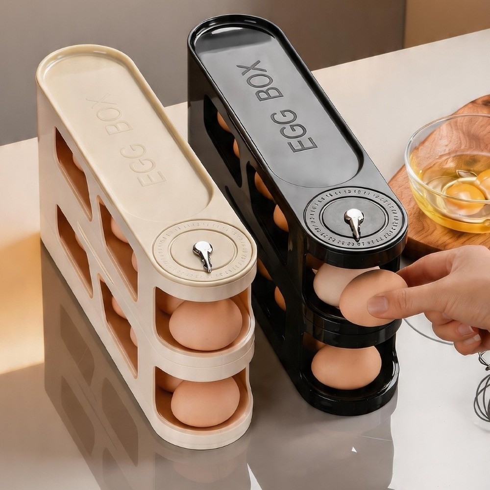 Kitchen Baking Tray Storage - 大容量の卵収納ボックス、蓋付き省スペース、卵オーガナイザー、自動回転式二層卵ディスペンサー、キッチン収納