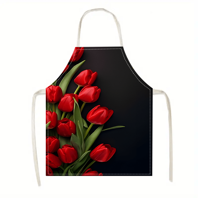 Kitchen Baking Background - 1pc レッドチューリップフラワー黒背景リネンエプロンキッチンクッキングベーキングギフト彼女へのプレゼント