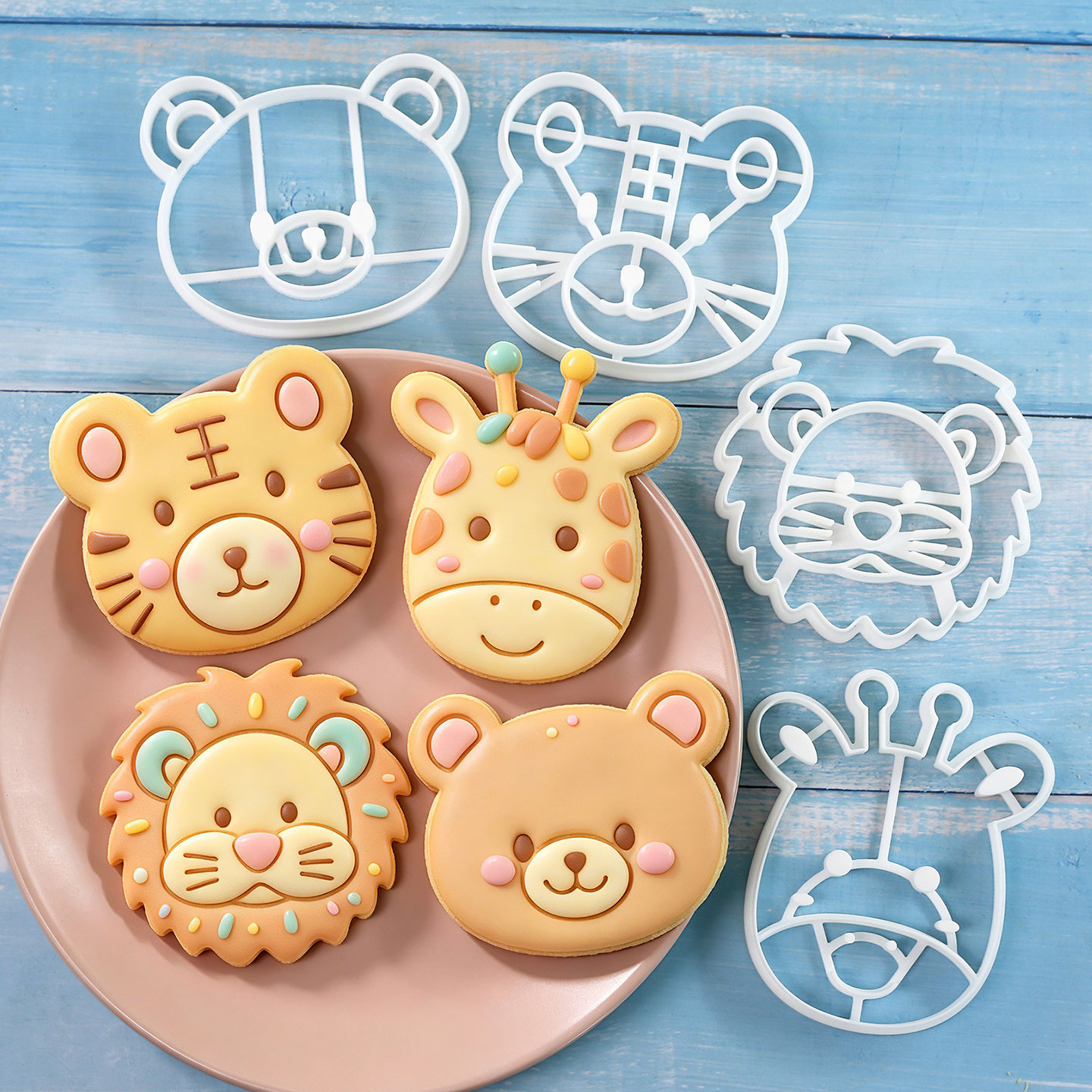 Kitchen Baking Utensil - 4個入り動物型クッキーカッターセット 3Dキュートなライオン、トラ、キリン、クマのベーキングツール 製菓用具 ケーキ、パイ、カップケーキ用 家庭用キッチン用品