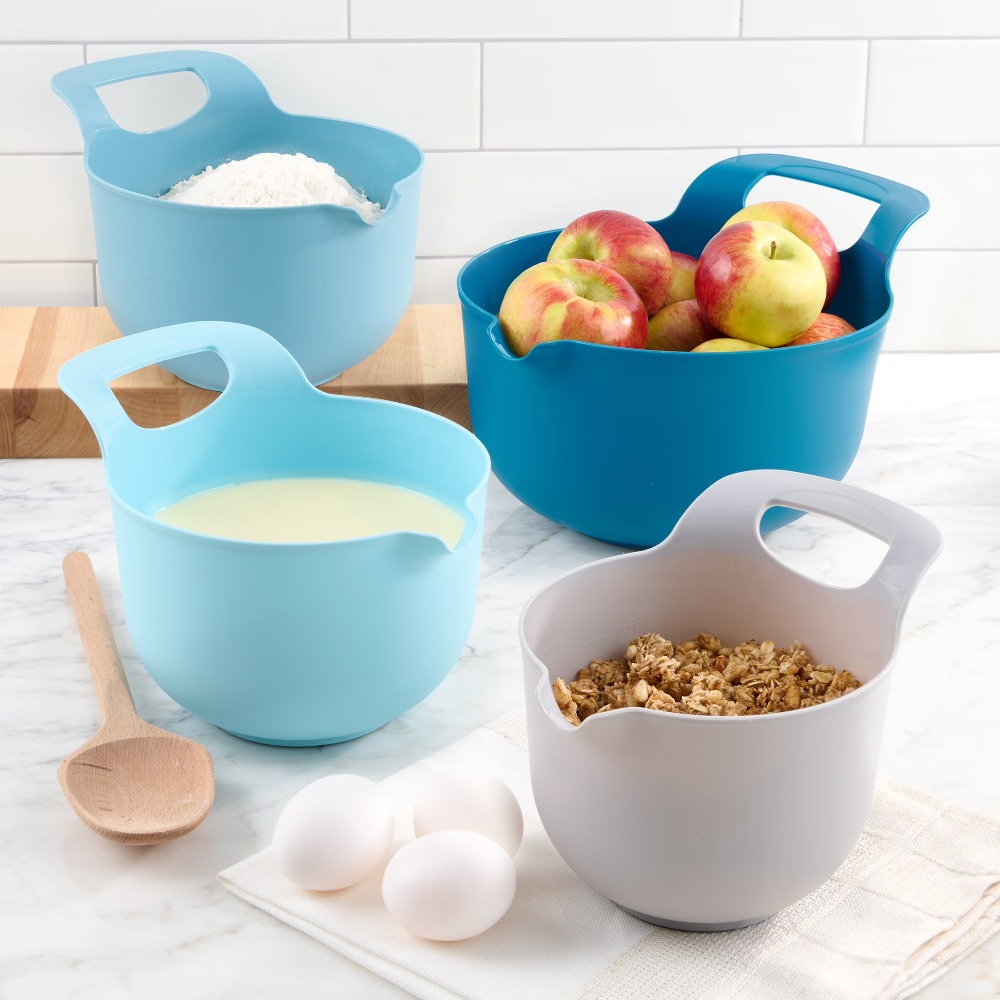 Kitchen Baking Utensil - ネスティングプラスチック製ミキシングボウル 4個セット 注ぎ口とハンドル付き キッチン用品 製菓 調理