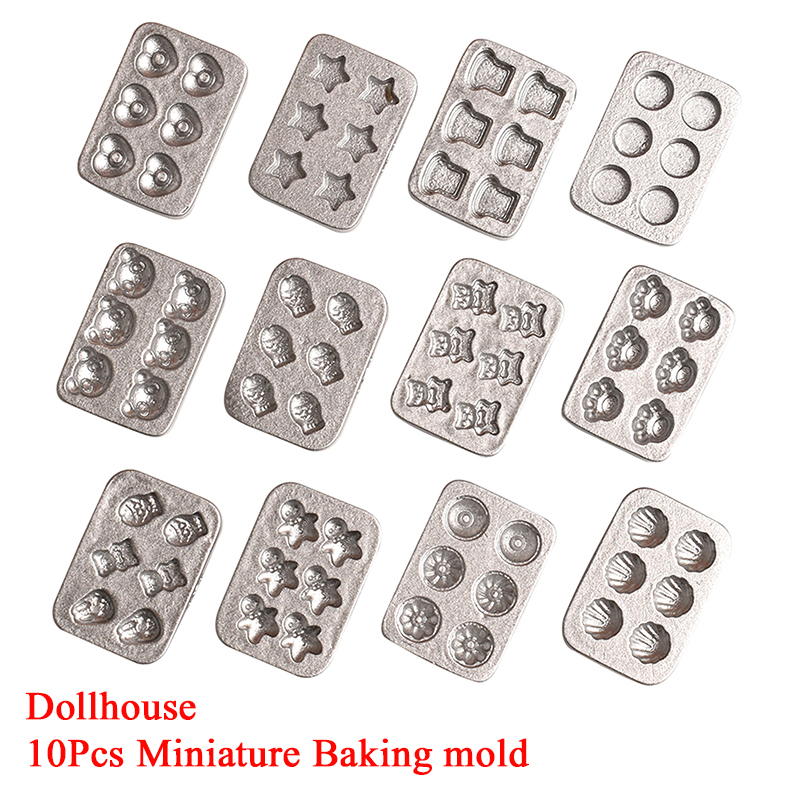 Kitchen With Baking Area - 10 個ドールハウスミニチュアミニケーキベーキングモールドキッチンシーンミニプレートジンジャーブレッドマンハートベーキングトレイモデル装飾