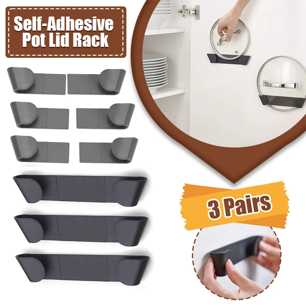 Kitchen Baking Pan Organizer - 3組の粘着式鍋蓋オーガナイザーラック、壁掛け式、穴あけ不要、家庭用キッチン収納ホルダー、鍋蓋ラック