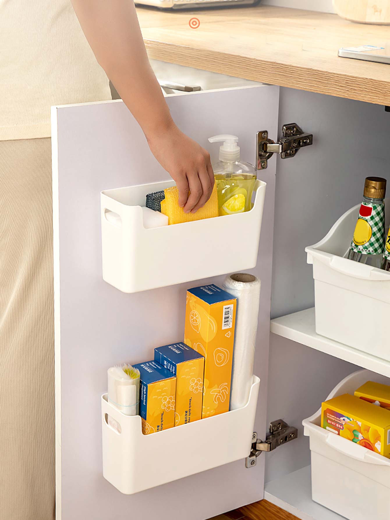 Kitchen Baking Tray Storage - パンチフリーキャビネットドアオーガナイザープラスチック壁掛け収納ボックススポンジホルダーキッチン収納整理用ラップフィルムホルダー