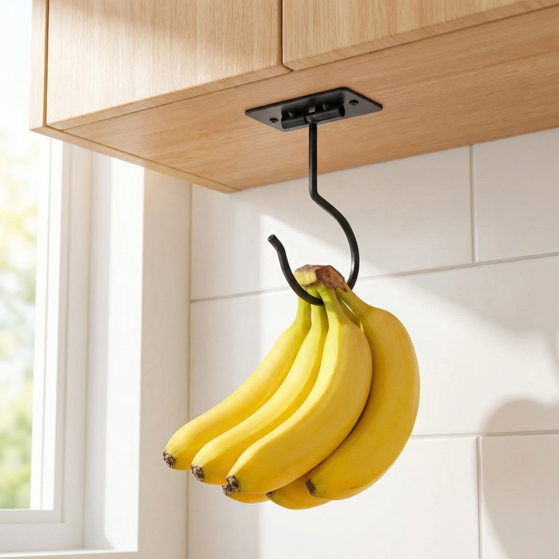 Kitchen Zo - ブラックメタル製粘着式バナナフック折りたたみ式収納ラック省スペースキッチンキャビネット食品オーガナイザー1～2個