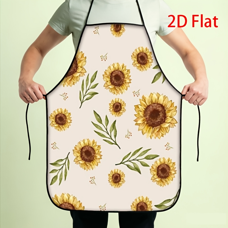 Kitchen Baking Background - 2Dプリントされたクリエイティブなエプロン、ひまわり柄、ベージュ背景、花柄デザイン、キッチン調理・ベーキング用アクセサリー、装飾用スタイリ。