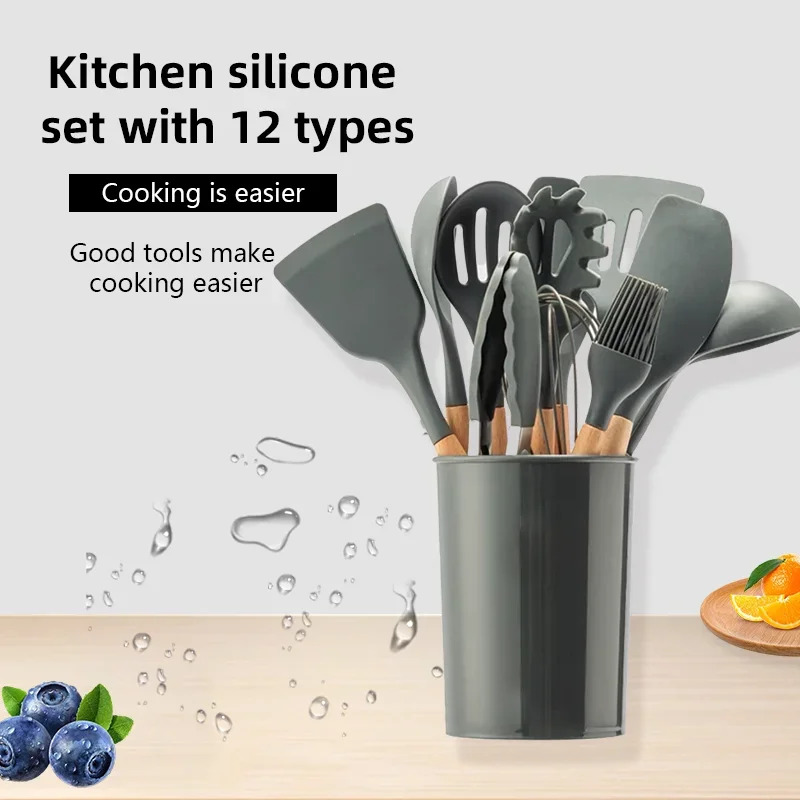 Kitchen Baking Pan Storage - 12点セット 木製ハンドル シリコン製キッチン用品 シリコン製調理器具 ノンスティックパン用調理スパチュラ ベーキング収納ツール