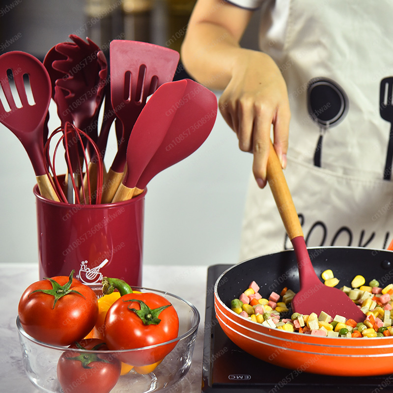 12点セット シリコン製調理器具 木製ハンドル付き ノンステ - Kitchen Baking Pan Storage のレビューと価格