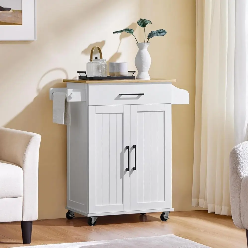 白いローリングキッチンカート、収納ラックとキャビネット付き、 - Kitchen Queen のレビューと価格