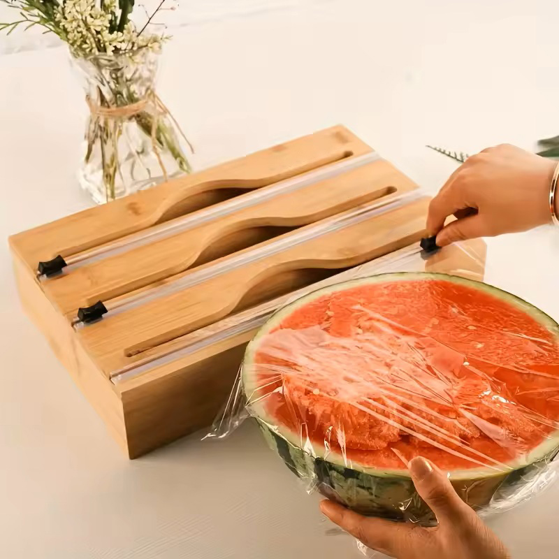 3 in 1竹製ホイルラップカッティングボックス壁掛け収納バ - Kitchen Baking Tray Storage のレビューと価格