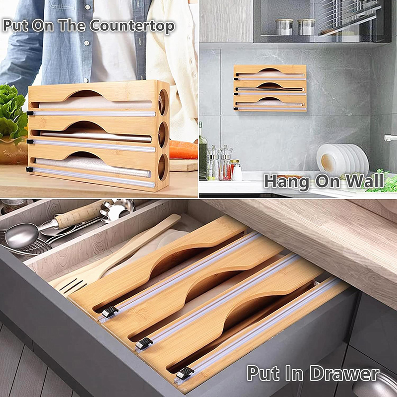 3 in 1竹製ホイルラップカッティングボックス壁掛け収納バ - Kitchen Baking Tray Storage のレビューと価格