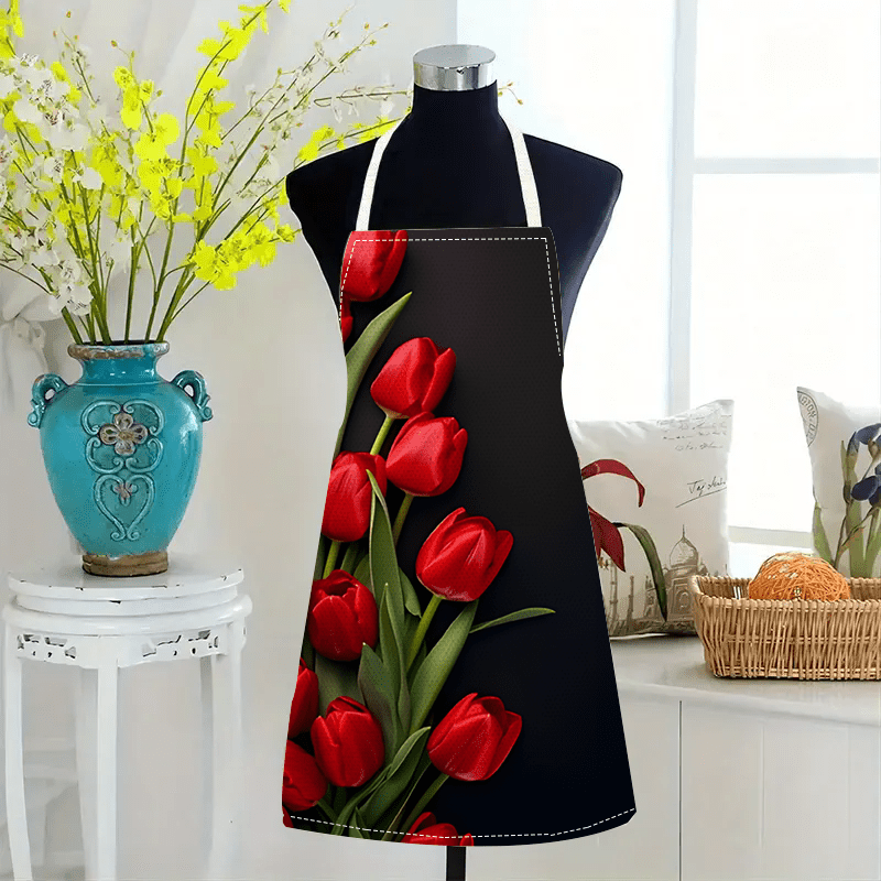 1pc レッドチューリップフラワー黒背景リネンエプロンキッチ - Kitchen Baking Background のレビューと価格