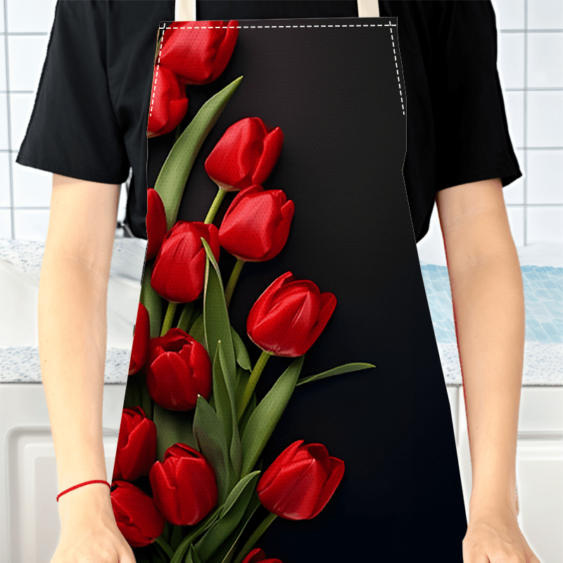 1pc レッドチューリップフラワー黒背景リネンエプロンキッチ - Kitchen Baking Background のレビューと価格