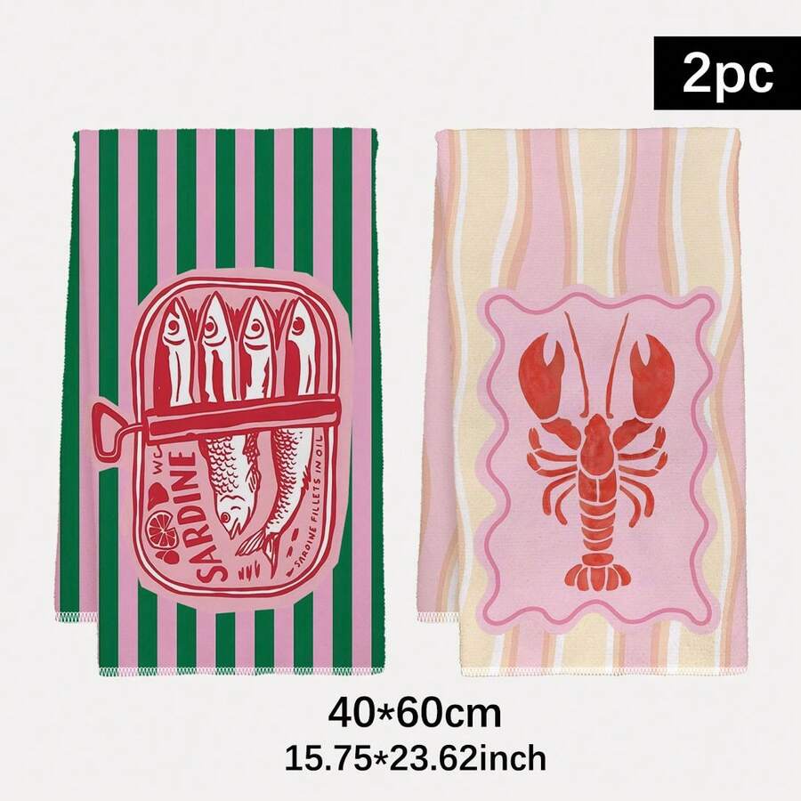 2枚セット、ピンクとグリーンのストライプ模様のエビと魚柄キッ - Kitchen Baking Must Haves のレビューと価格