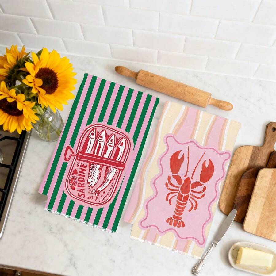 2枚セット、ピンクとグリーンのストライプ模様のエビと魚柄キッ - Kitchen Baking Must Haves のレビューと価格