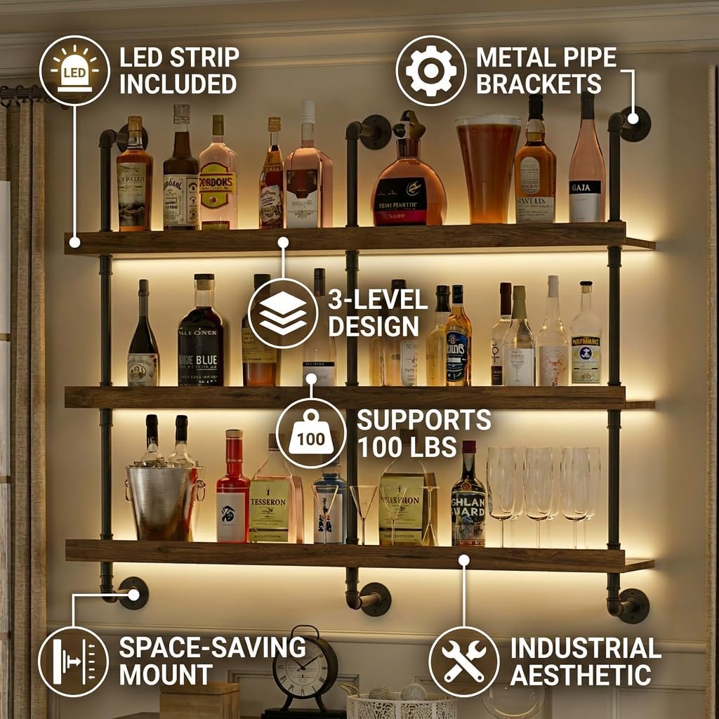 壁掛けワインラック LEDライト付き 3段フローティングバー - Kitchen Zo のレビューと価格