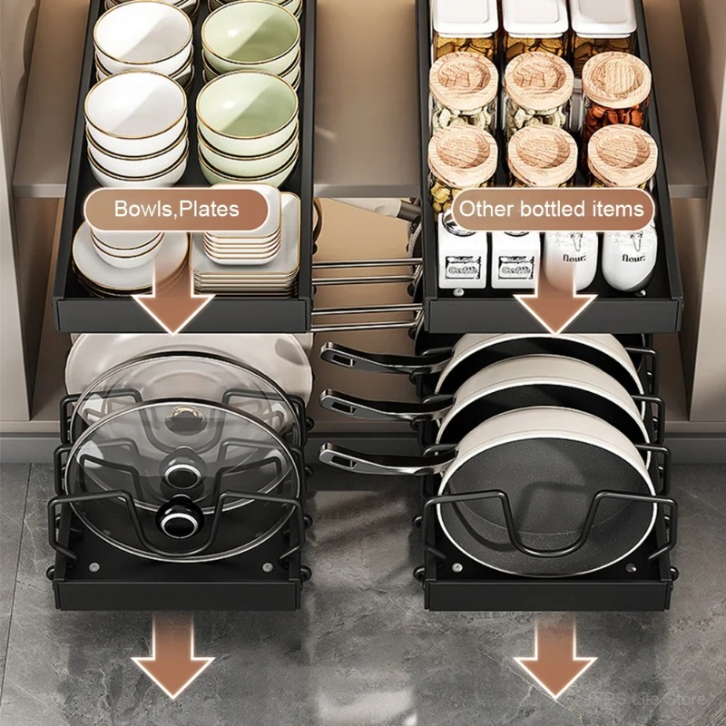 ホットセール多機能プルアウト式スライドキッチン収納ラック、鍋 - Kitchen Baking Pan Organizer のレビューと価格