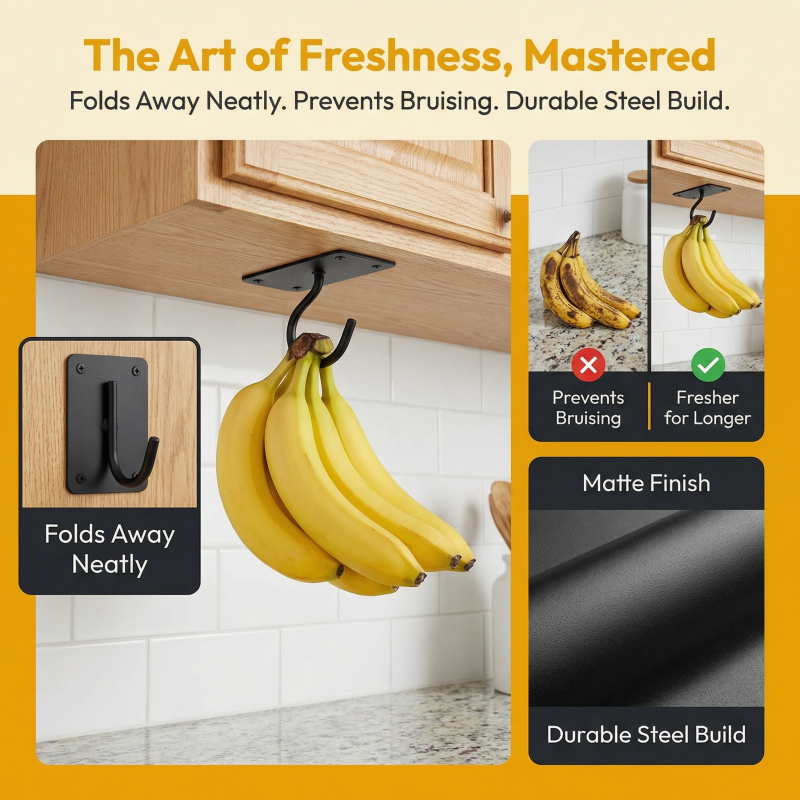 ブラックメタル製粘着式バナナフック折りたたみ式収納ラック省ス - Kitchen Zo のレビューと価格
