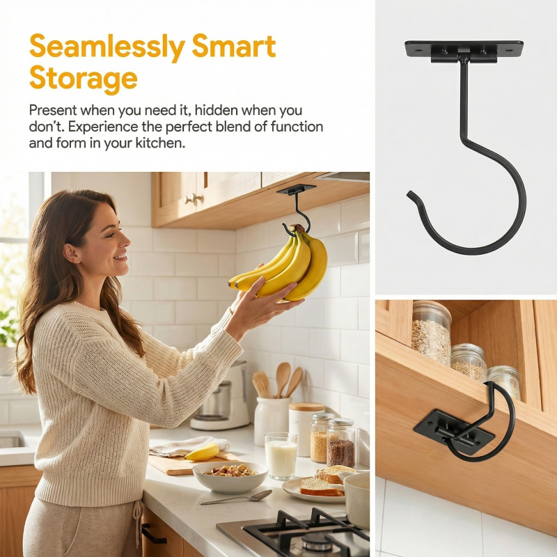 ブラックメタル製粘着式バナナフック折りたたみ式収納ラック省ス - Kitchen Zo のレビューと価格