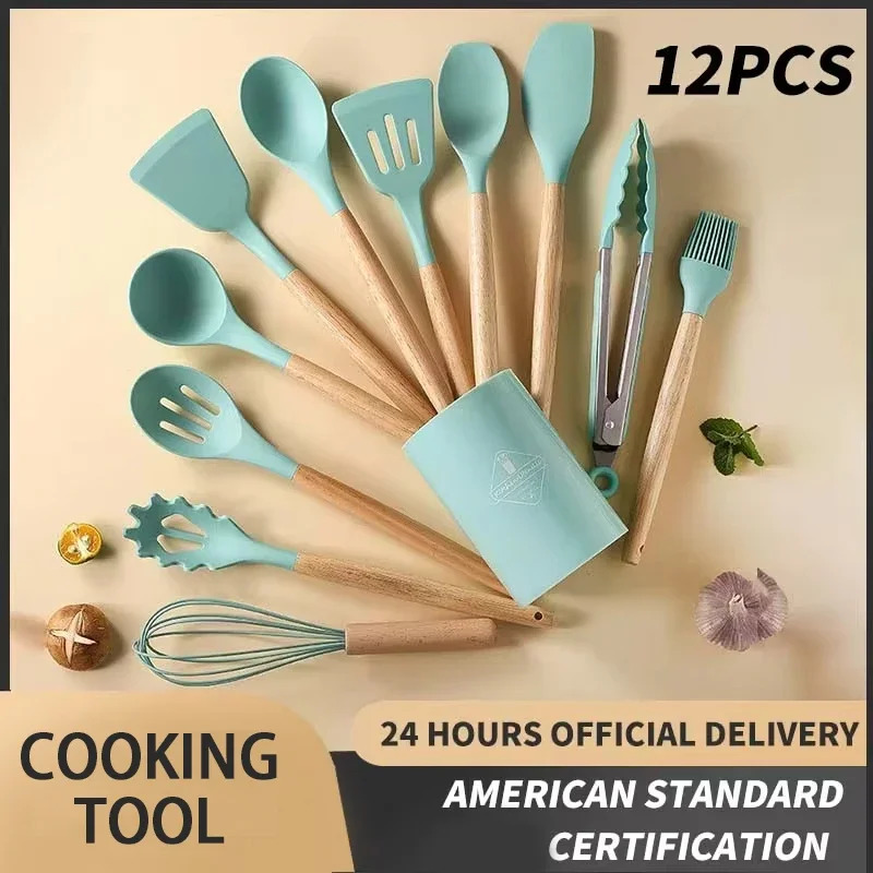 12点セット 木製ハンドル シリコン製キッチン用品 シリコン - Kitchen Baking Pan Storage のレビューと価格