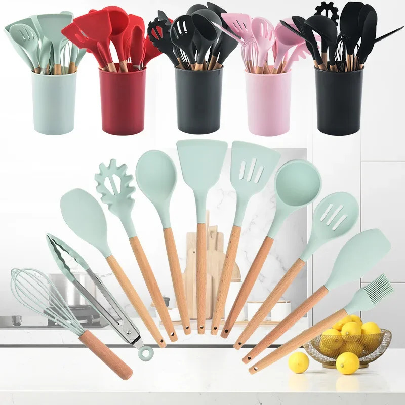 12点セット 木製ハンドル シリコン製キッチン用品 シリコン - Kitchen Baking Pan Storage のレビューと価格