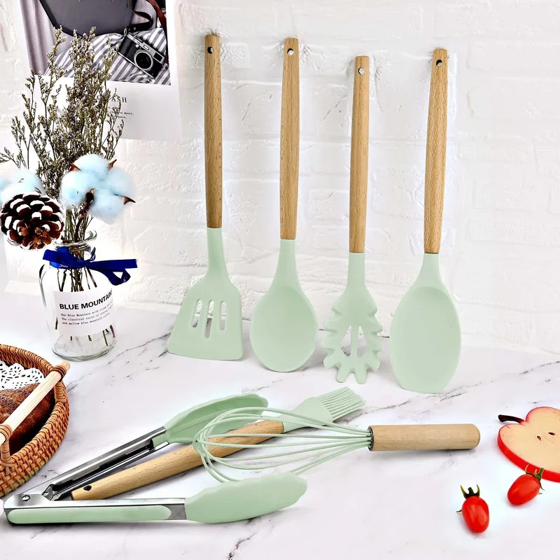12点セット 木製ハンドル シリコン製キッチン用品 シリコン - Kitchen Baking Pan Storage のレビューと価格